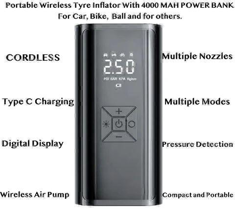 Portable Wireless Tyre Inflator with 4000mAh Power Bank